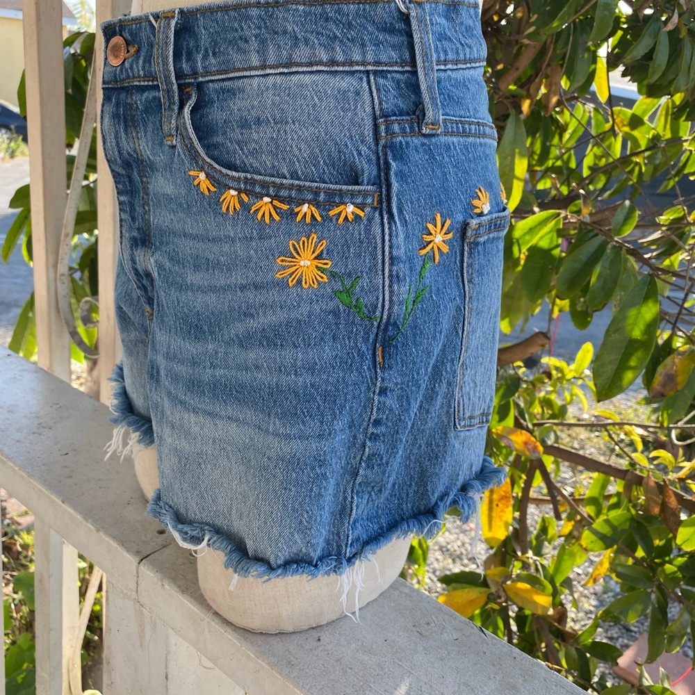Universal Thread Blue Denim Shorts with Yellow Floral Embroidery